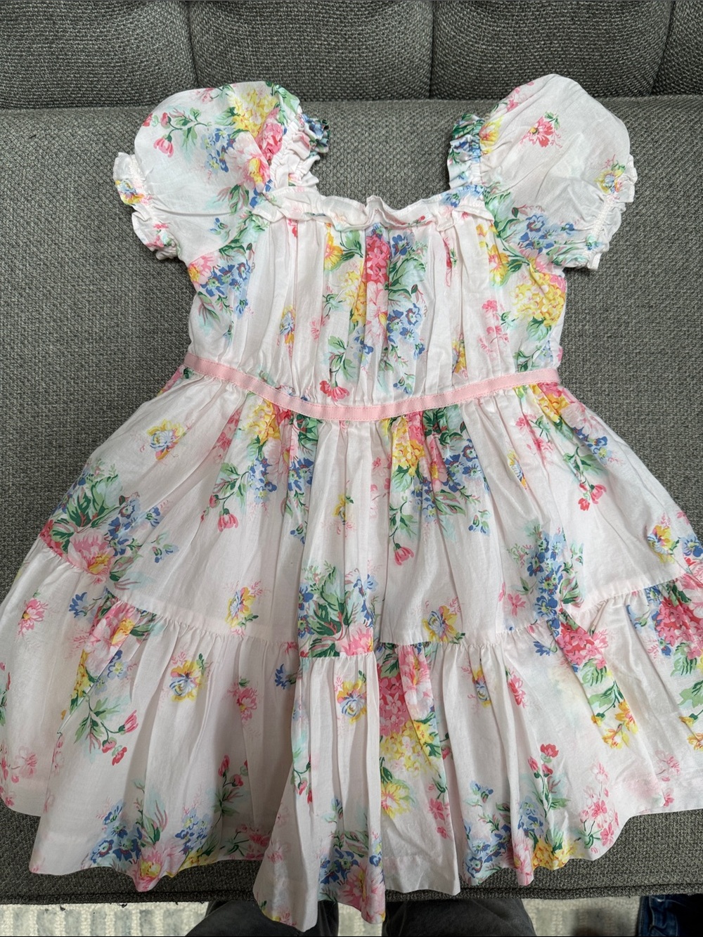 Janie and Jack White Floral Puff-Sleeve Tiered Dress with Pink Waist Trim